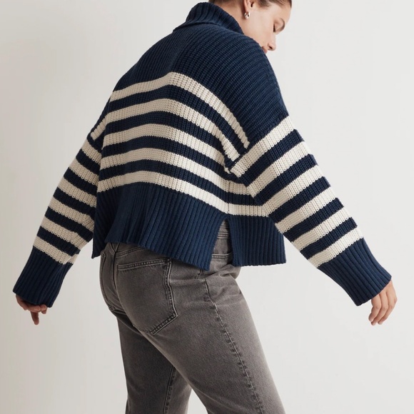 NWT Madewell Wide Rib Turtleneck Chunky Sweater Women’s L Indigo Stripe Preppy - Picture 3 of 10